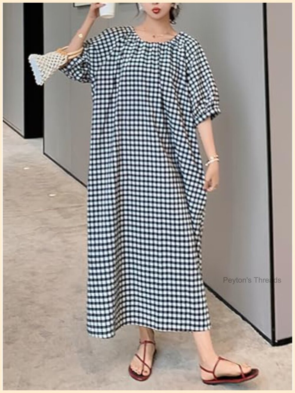 Gingham Loose-Fit Swing Midi Dress with Lantern Puff Sleeves - Picture 6 of 7